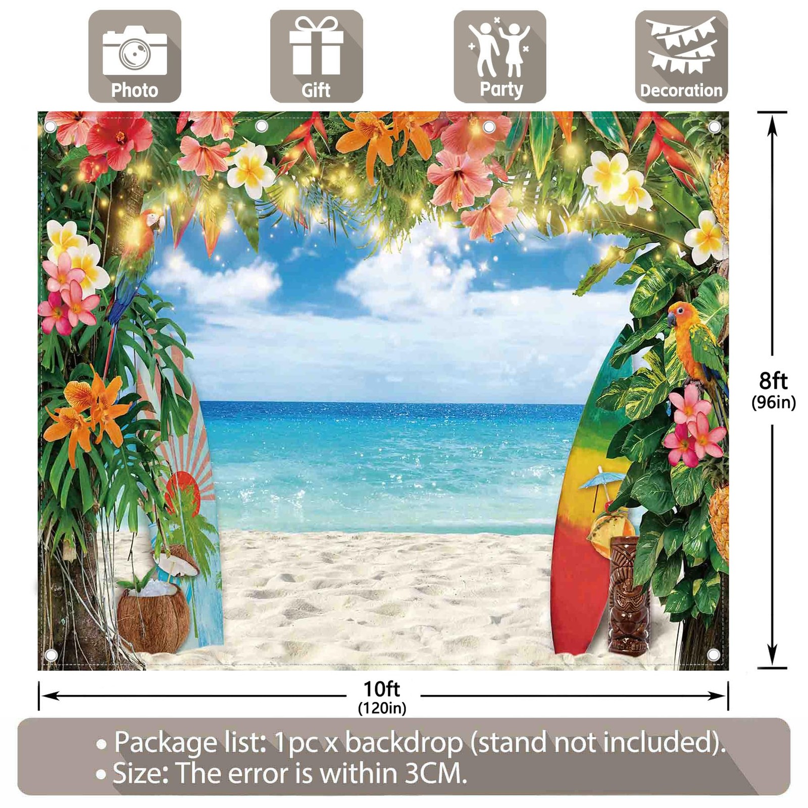 YCUCUEI 10x8ft Fabric Summer Hawaiian Beach Photography Backdrop Tropical Flower