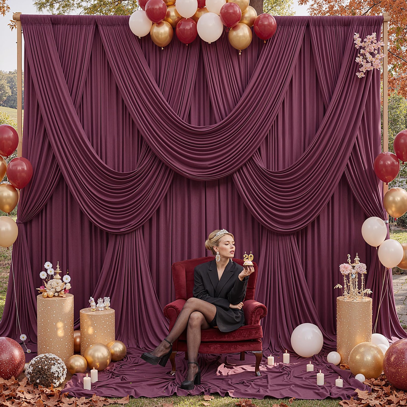 50ft x 12ft Burgundy Backdrop Curtains for 5FT×12FT_10 Panels,