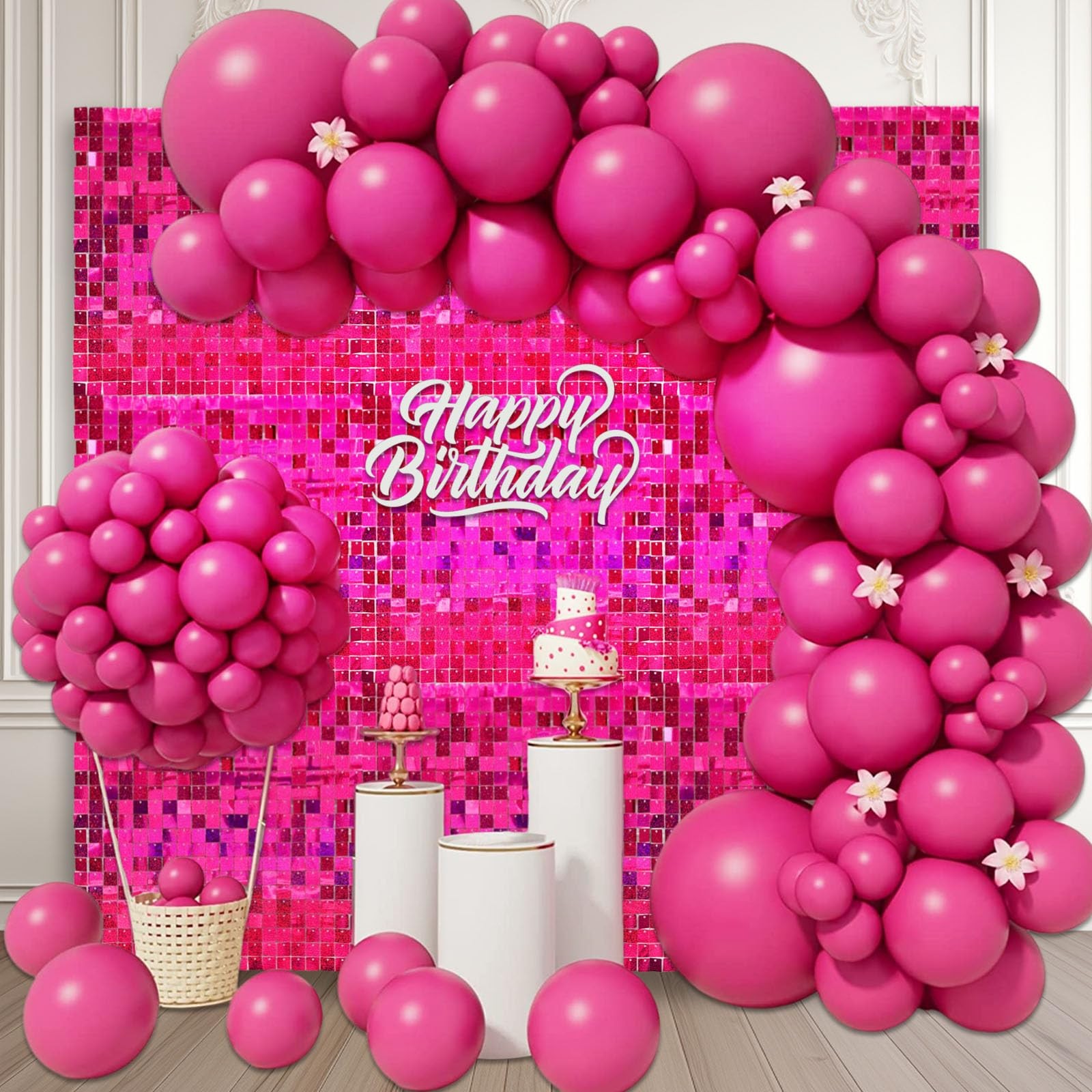 48 PCS Hot Pink Shimmer Wall Backdrop, Laser Square Sequin