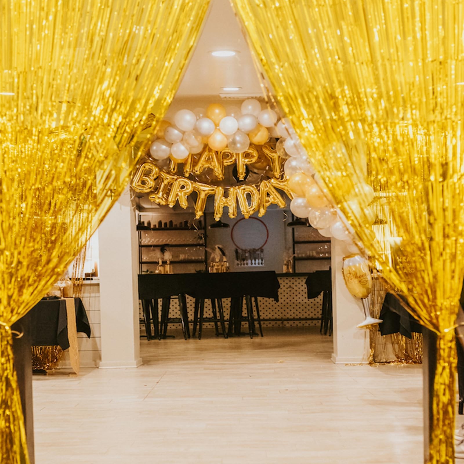 Gold Foil Fringe Backdrop Curtains 3.3×8.2 Feet Metallic Tinsel Streamer 2 PCS