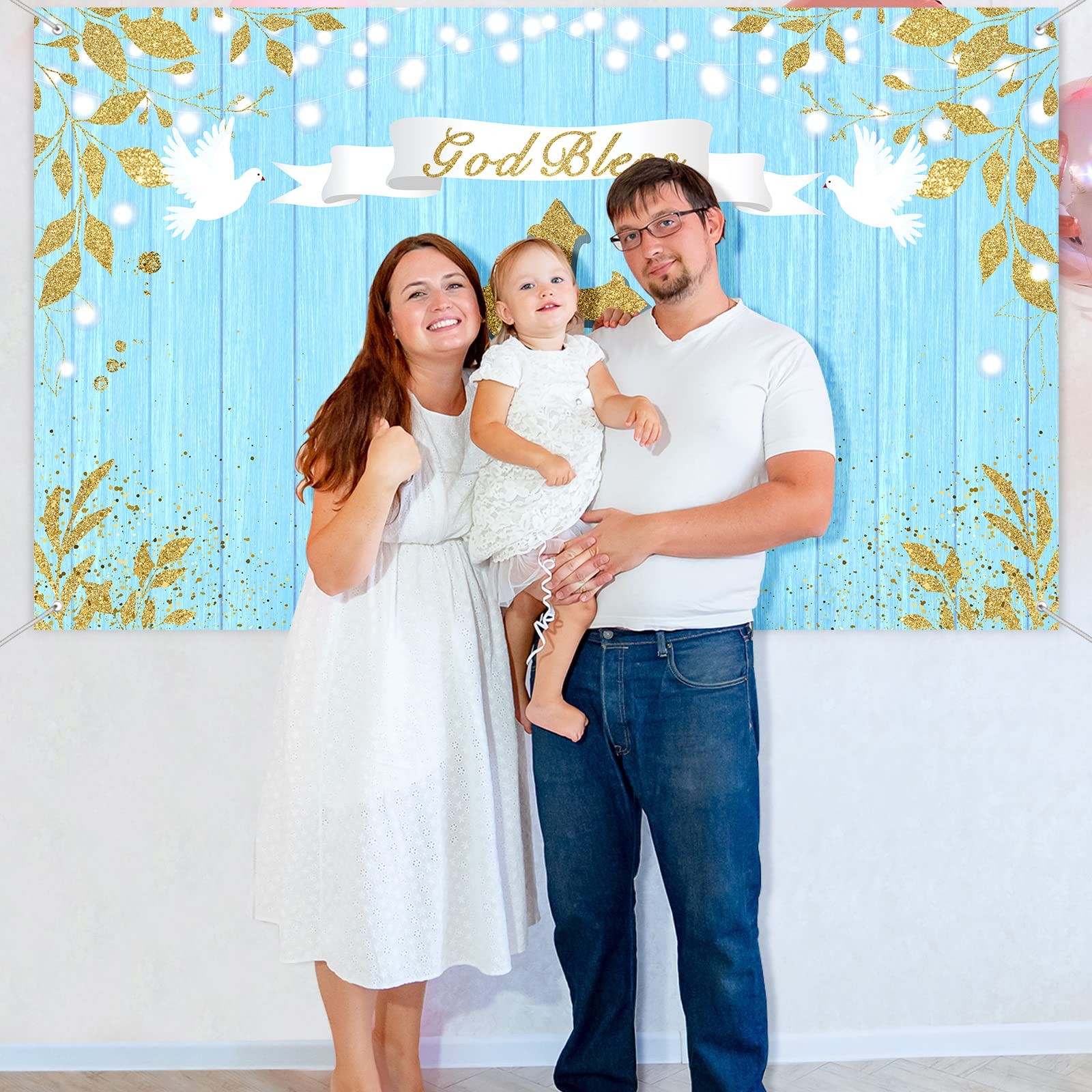 71 x 43 Inch God Bless Backdrop, Blue, Gold, Baptism, First Communion, Decor