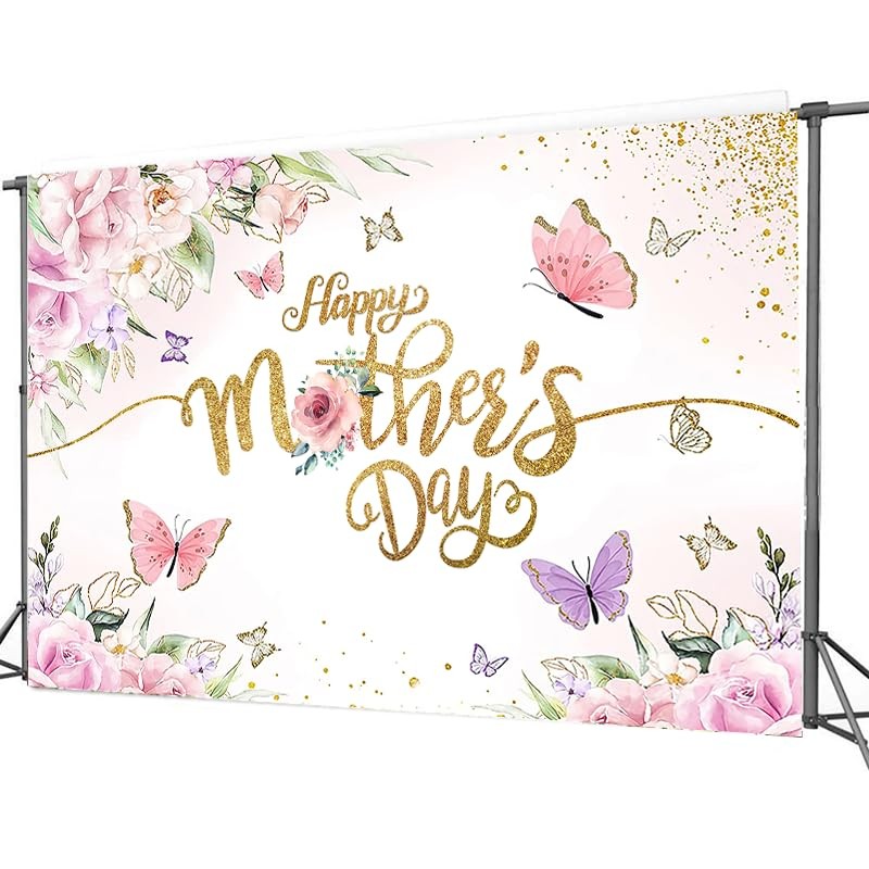 7x5ft Happy Mother’s Day Backdrop Floral Golden Dots Mother’s Day Birthday Photo