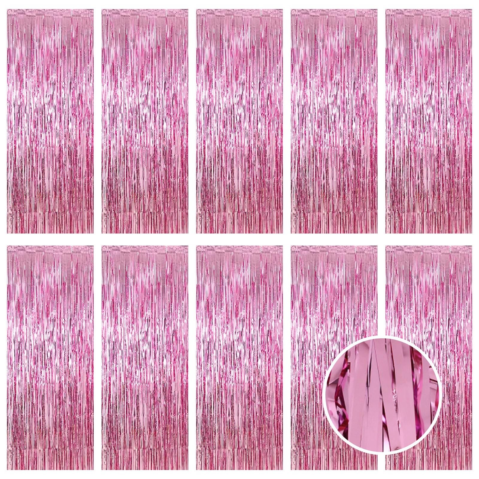 Pink Foil Curtain Backdrop 10 PCS Metallic Tinsel Fringe Streamer 3.2×9.8 FT