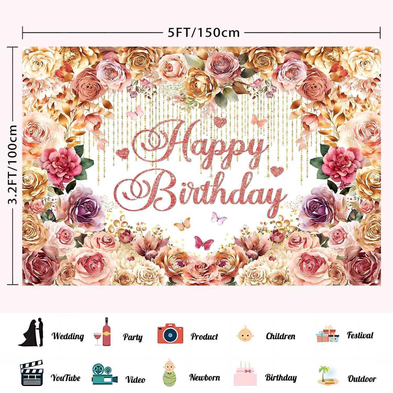 Pink Flower Happy Birthday Banner Backdrop Rose Gold Party Decorations 5x3Ft