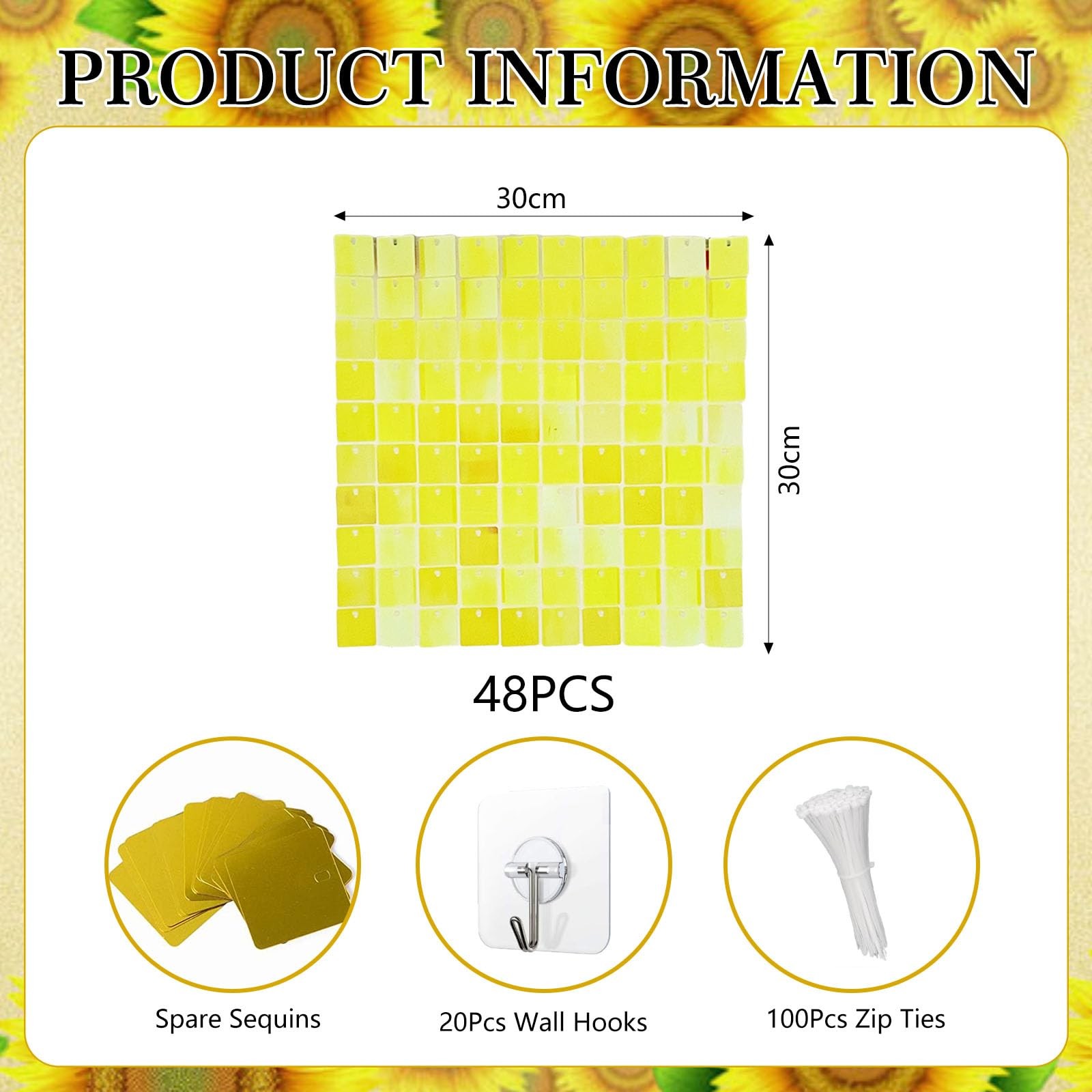 48 PCS Colorful Yellow Shimmer Wall Backdrop, Square Sequin