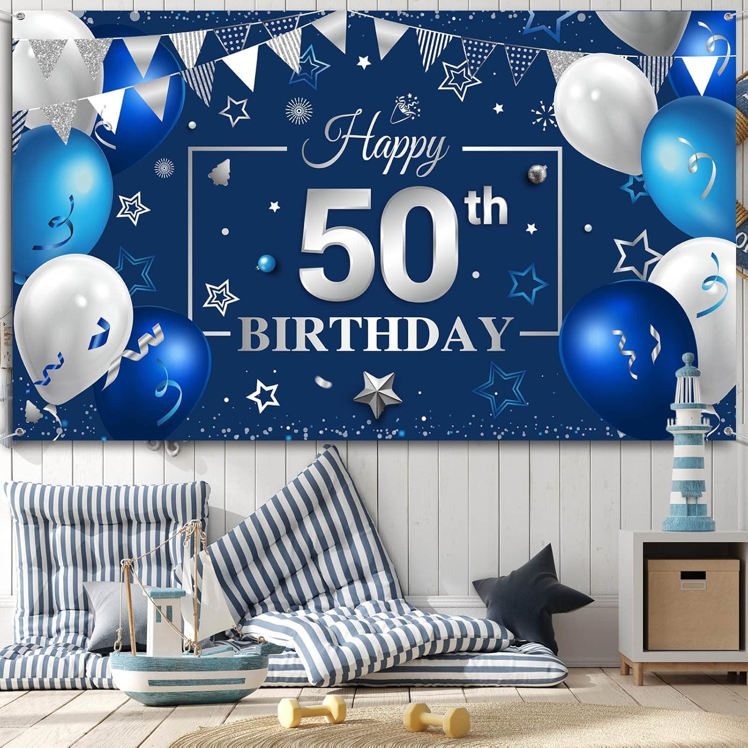 Tatuo Happy Birthday Party Decorations Navy Blue and 180 x 150 cm, 50th