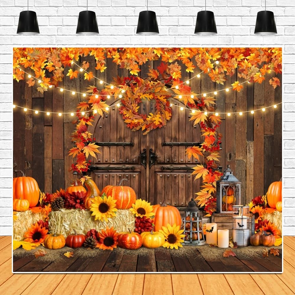 Fall Harvest Backdrop Fabric Wood Barn Thanksgiving Party Pumpkin 10×8 Ft