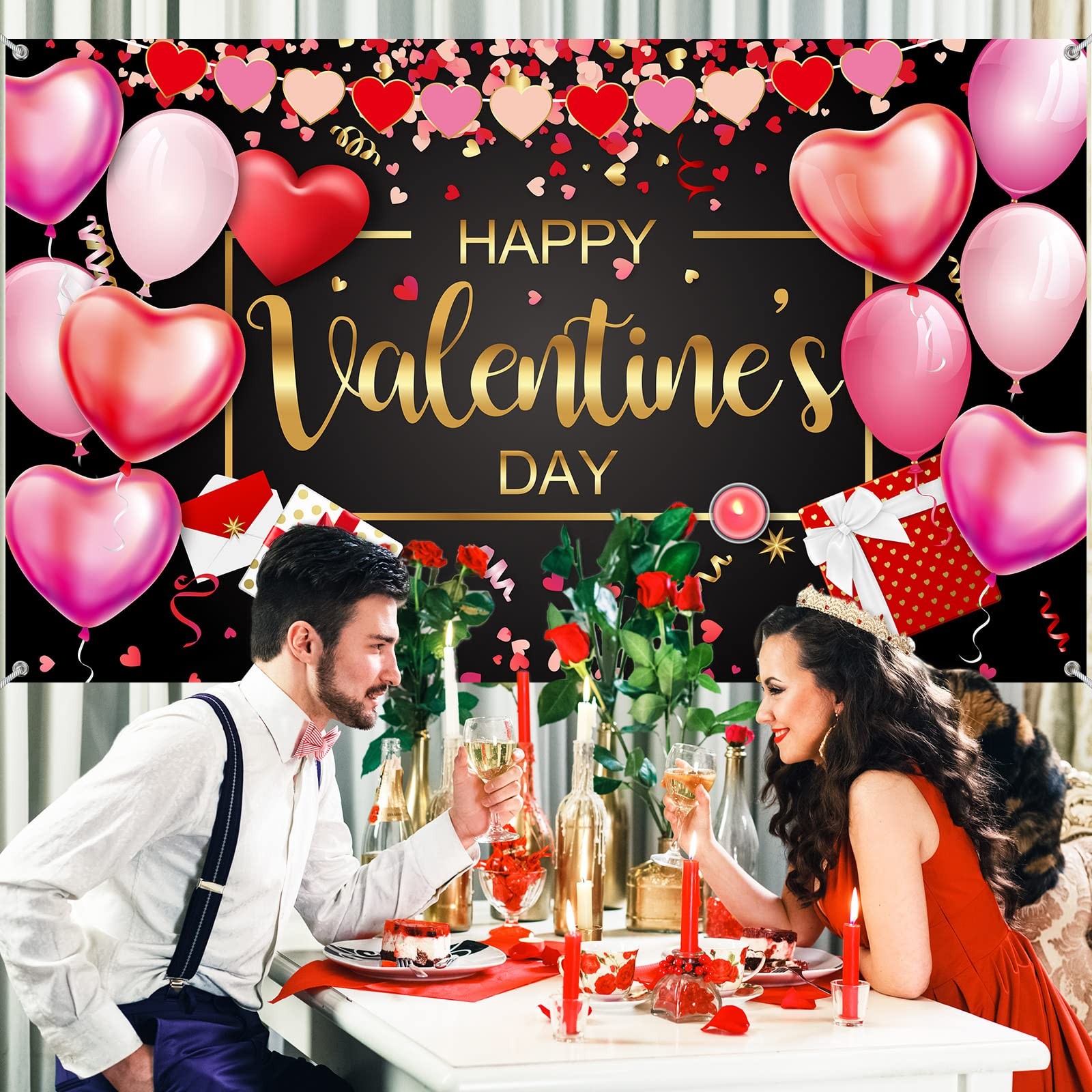 Happy Valentine’s Day Backdrop Banner 73 x 43 Inch Large Size Heart Valentine’s