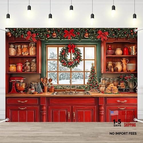 Red Retro Kitchen Backdrop – 7x5ft Retro Cabinets – Winter Kitchen Photography