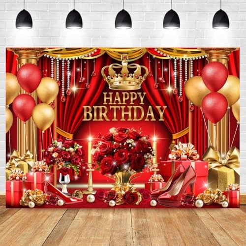 Red and Gold Birthday Backdrop for Happy Birthday Party Decorations, 5x3FT