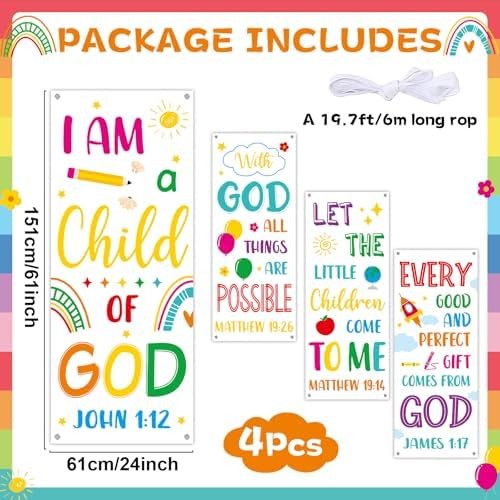 4PCS Church Banners with Scripture Religious Bible Verse Backdrops for Kids Chri