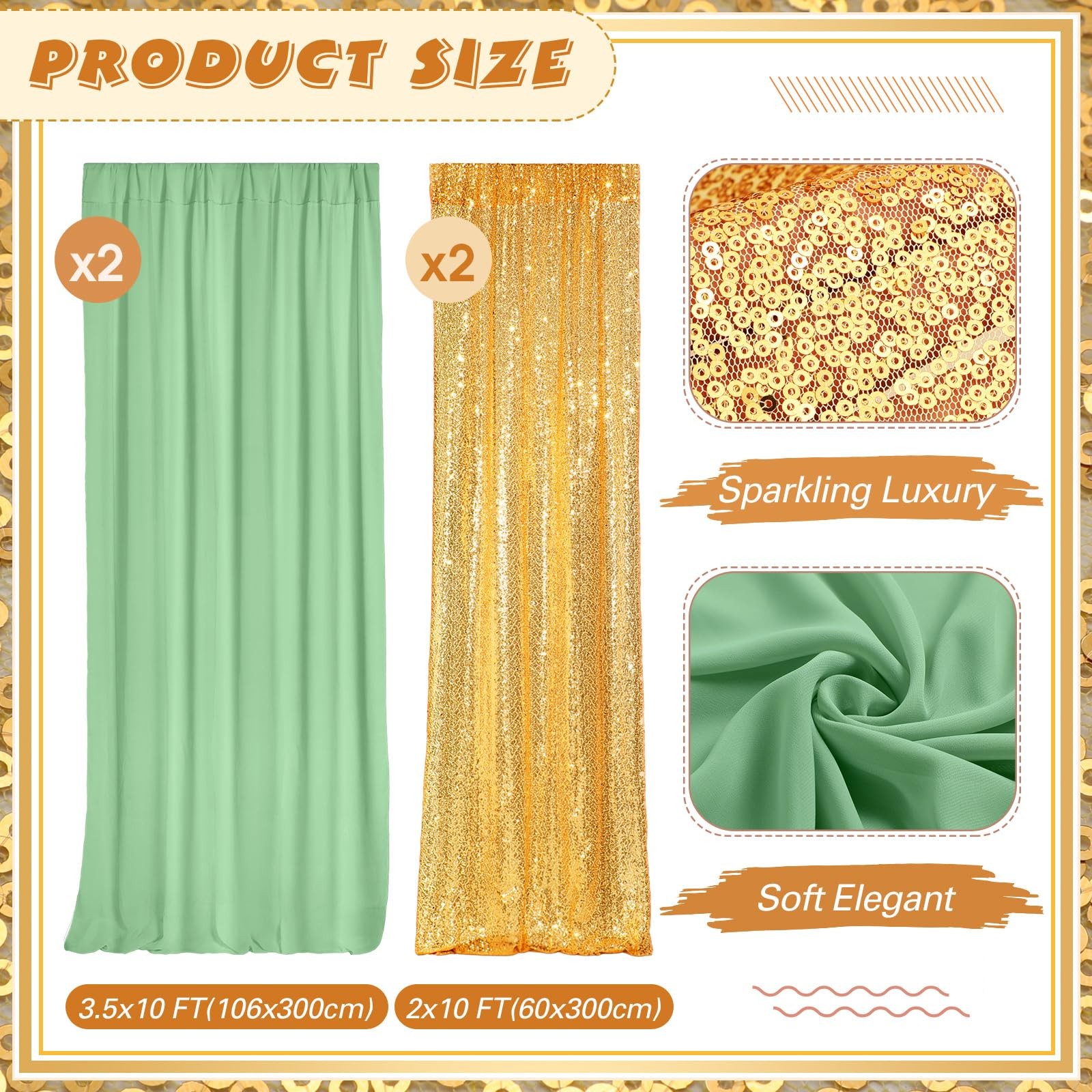 4 Panels Backdrop Curtains 2 Pcs 4 x 10 ft Sequin Glitter 2 Pcs 7 x 10 ft Chi…