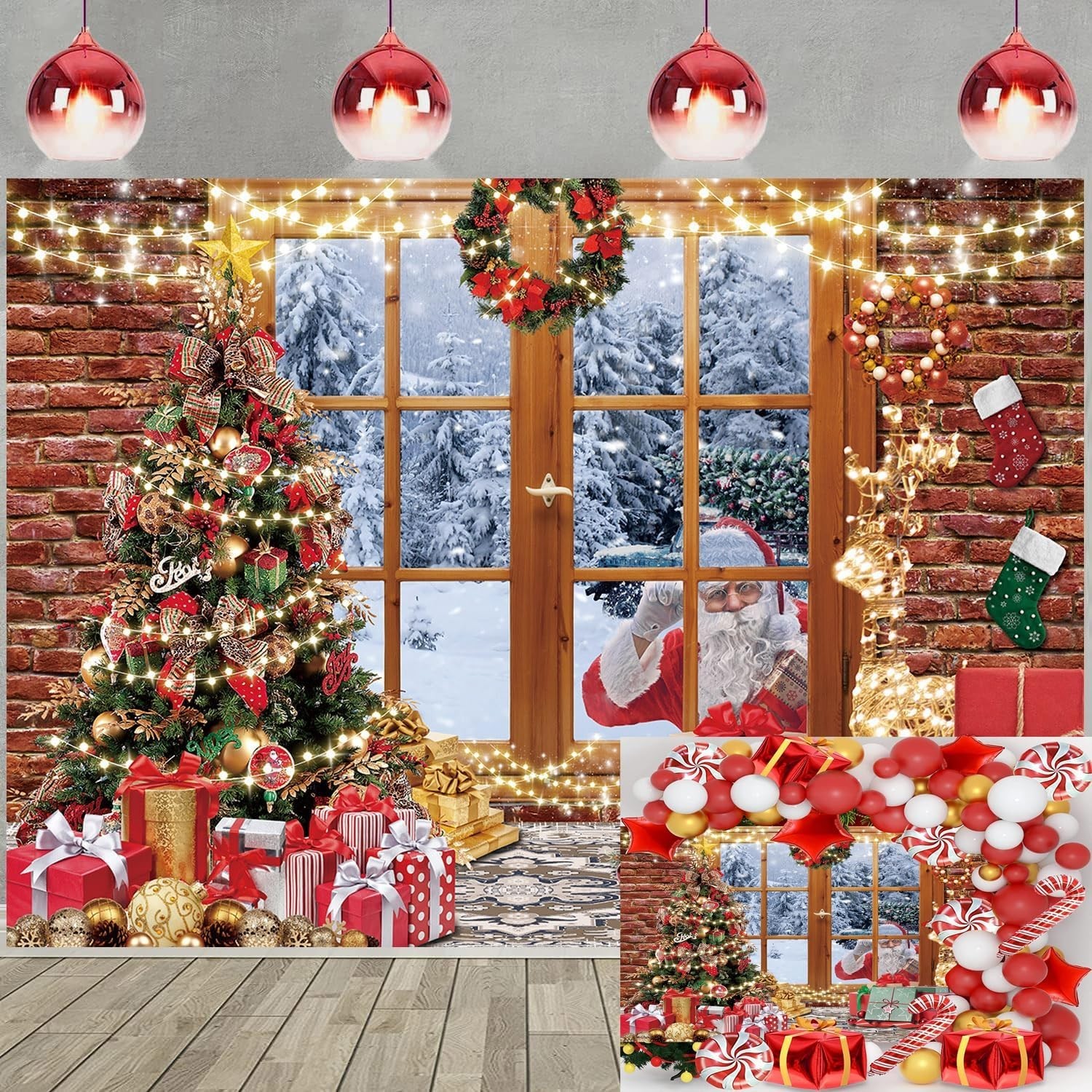 Christmas Window Backdrop Winter Snow Scene Santa Claus Xmas Tree 7x5FT New