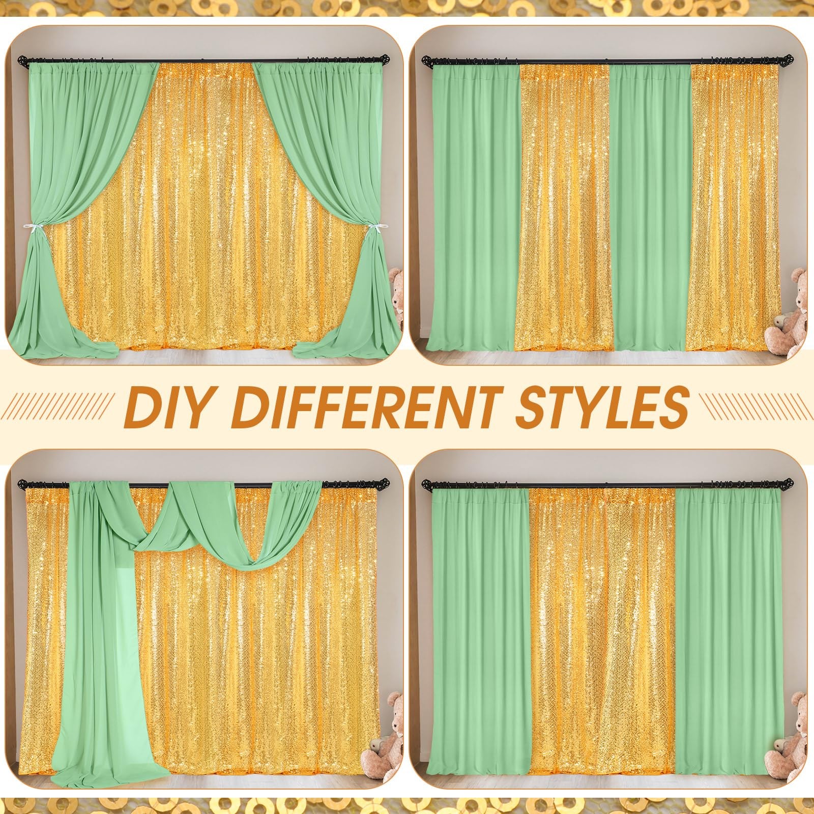 4 Panels Backdrop Curtains 2 Pcs 4 x 10 ft Sequin Glitter 2 Pcs 7 x 10 ft Chi…