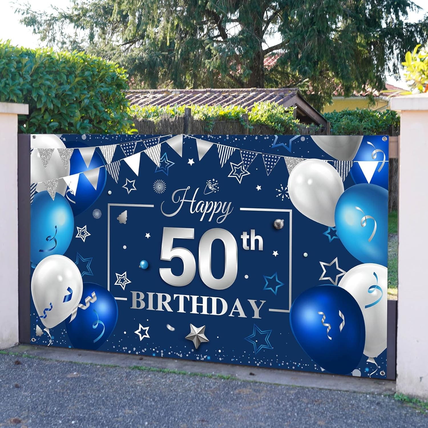 Tatuo Happy Birthday Party Decorations Navy Blue and 180 x 150 cm, 50th