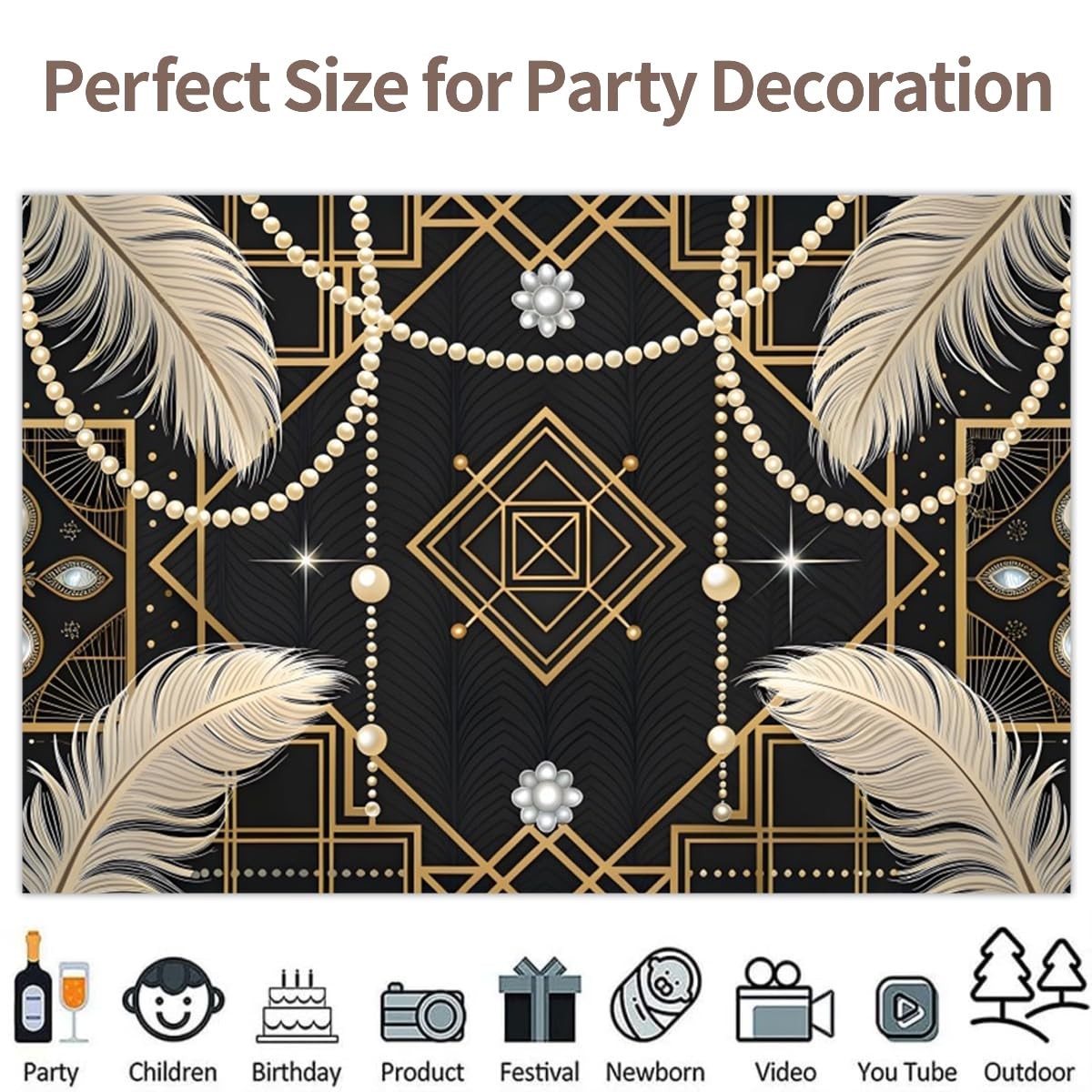 10x7ft Vinyl Retro Black Gold 1920s Roaring 20s Feather Photography Backdrop