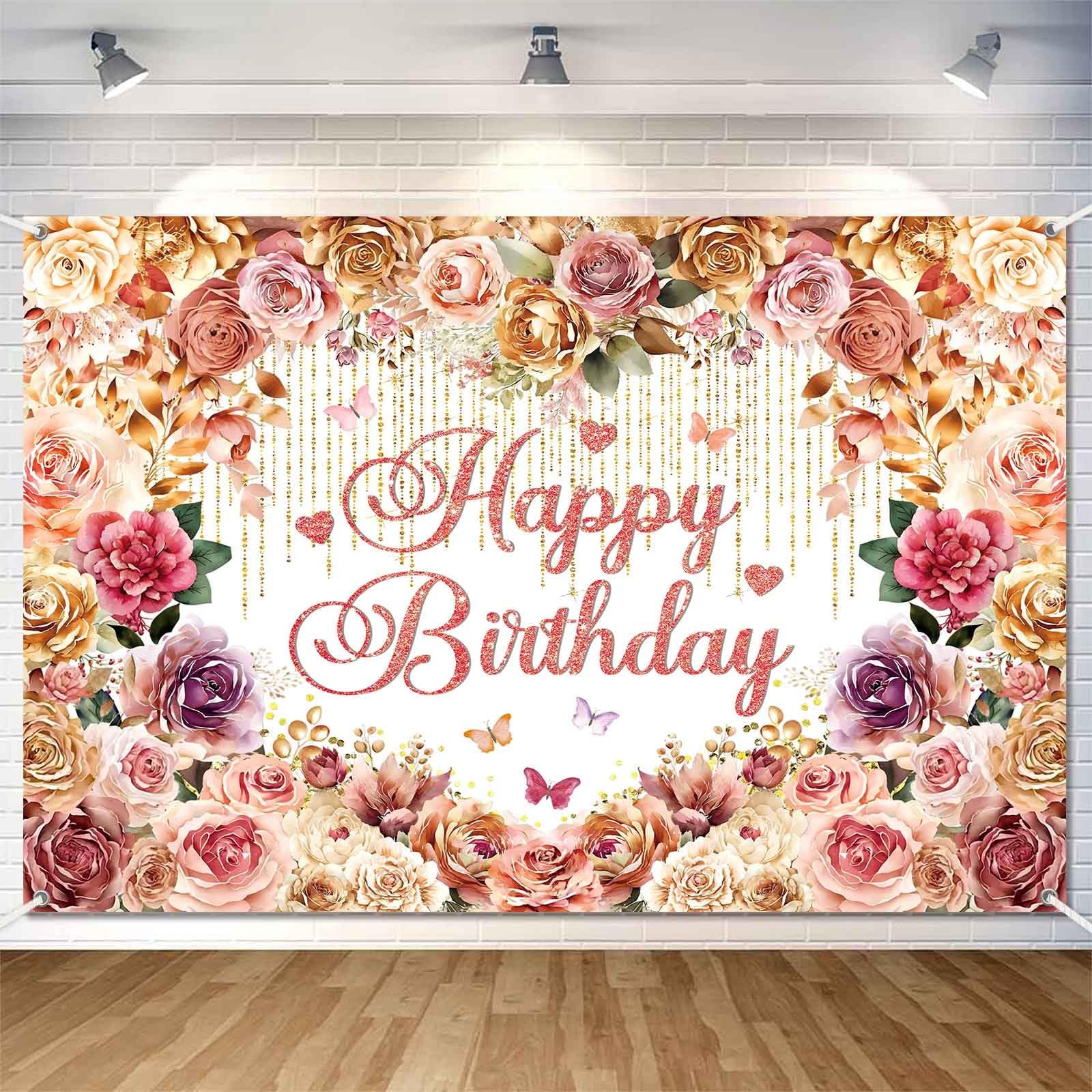 Pink Flower Happy Birthday Banner Backdrop Rose Gold Party Decorations 5x3Ft