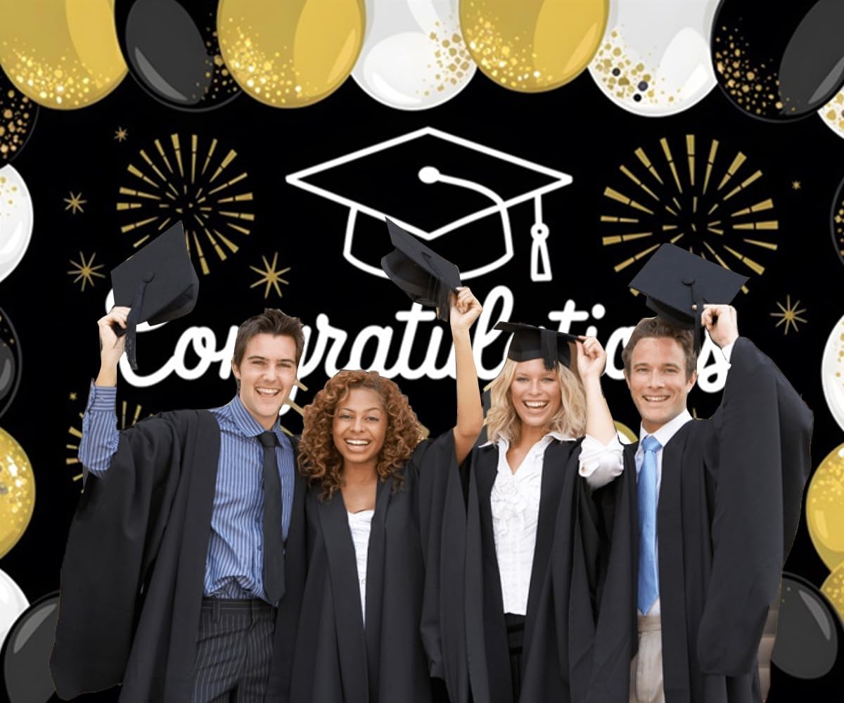 10x8ft Class of 2026 Graduation Backdrop Black Gold Congrats Grad Photo Booth