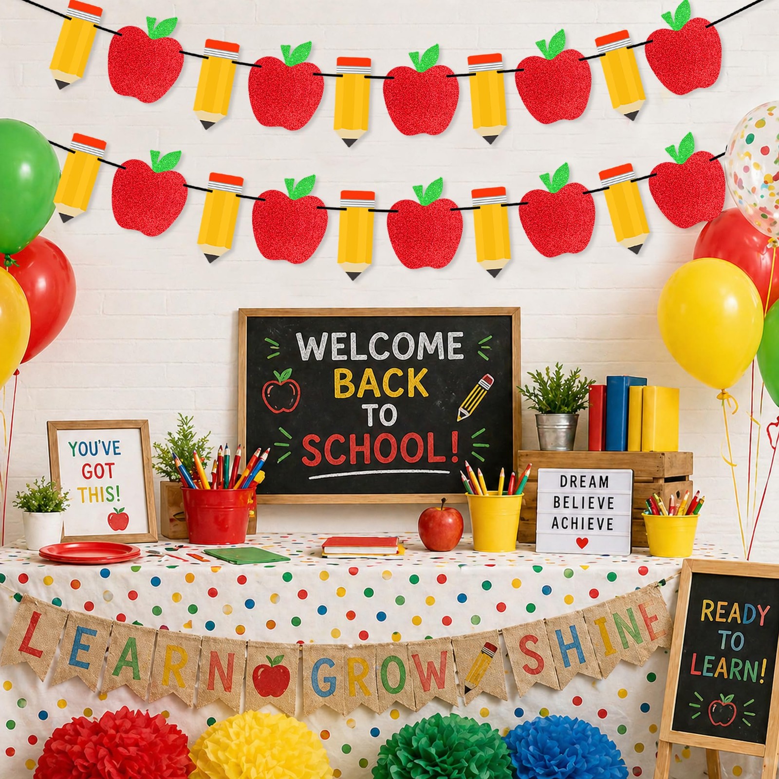 2 Pieces Pencil Apple Banner for Back to School Decorations, First Day of Sch…