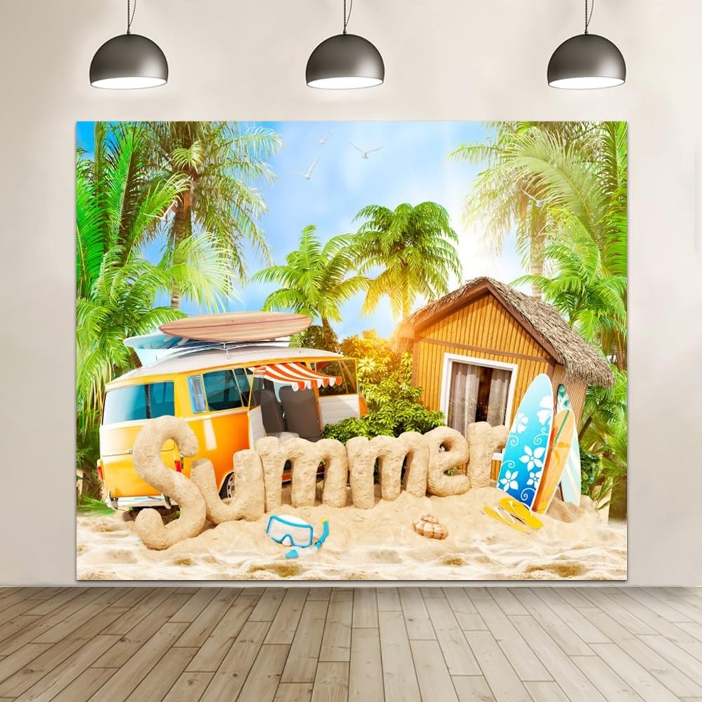 Summer Beach Backdrop Photography Tropical Palm Tree Surfboard 10×8 Ft Prop