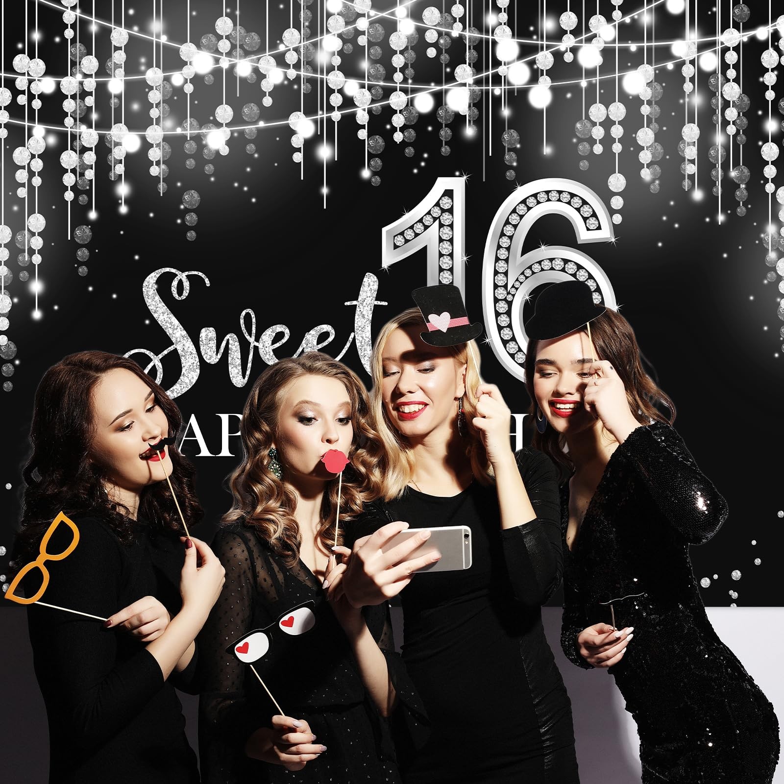 7x5ft Sweet 16 Birthday Backdrop Glitter Silver Girls Party Table Decoration