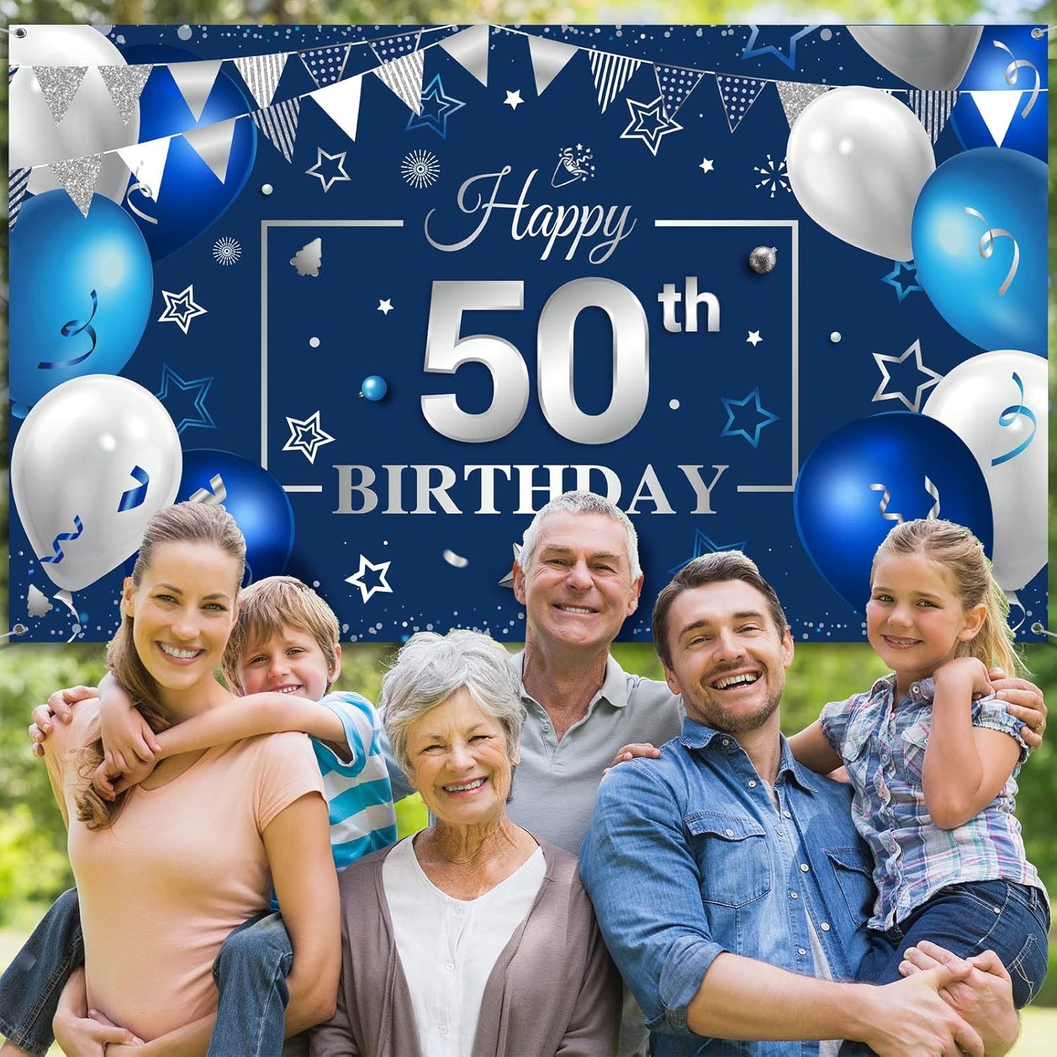 Tatuo Happy Birthday Party Decorations Navy Blue and 180 x 150 cm, 50th