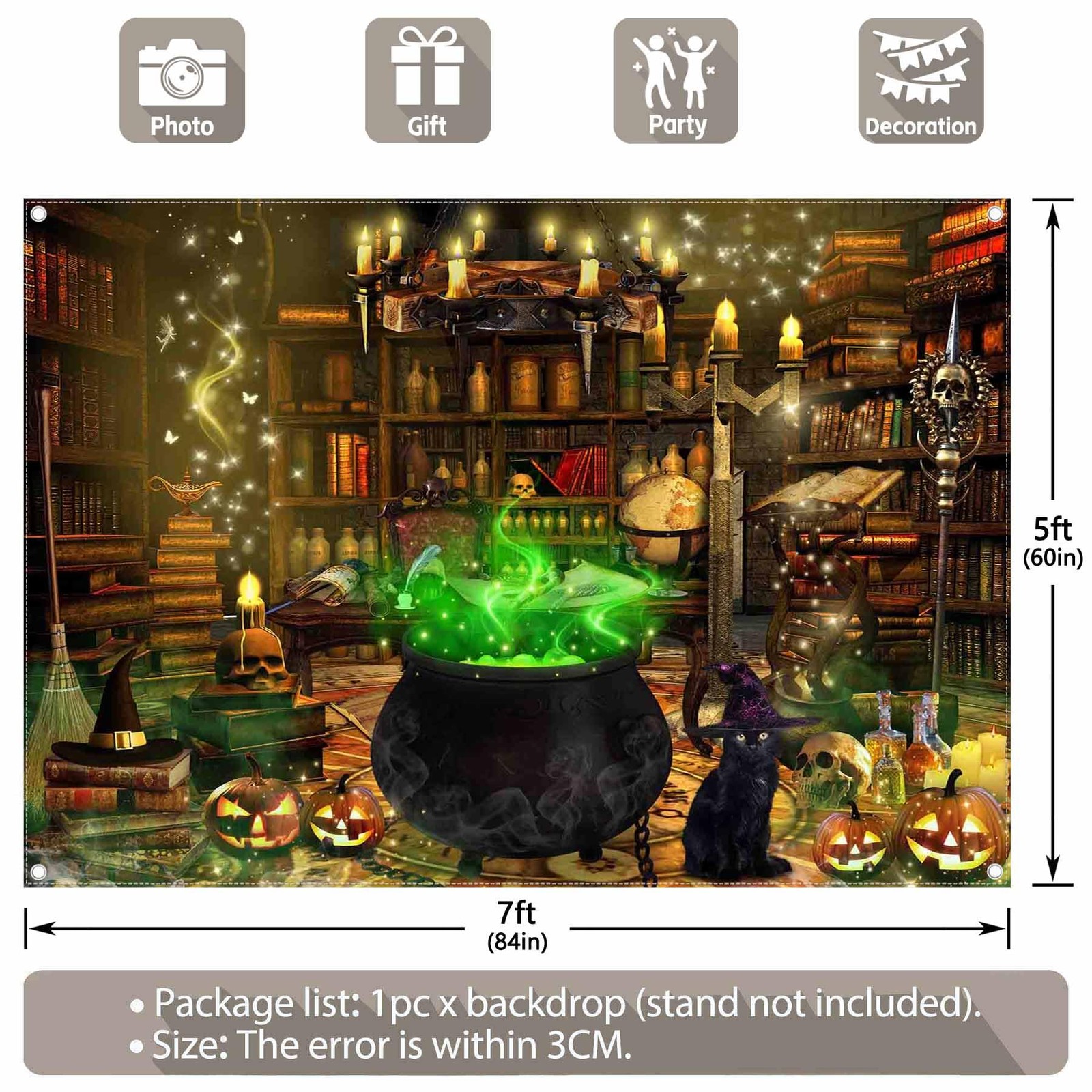 7x5ft Polyester Halloween Witch Photography Backdrop Magic Cauldron Bookshelf…