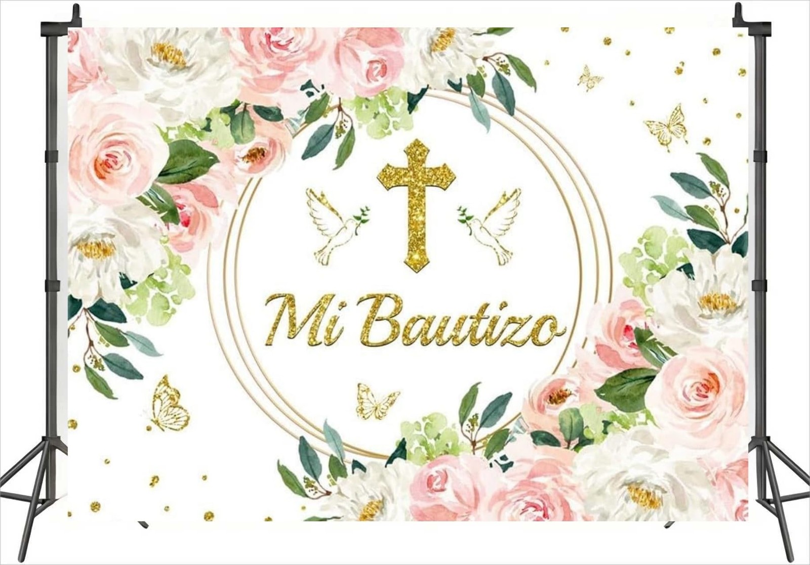 Pink Floral Mi Bautizo Backdrop Girl First Communion God Bless Prop 7×5 Ft