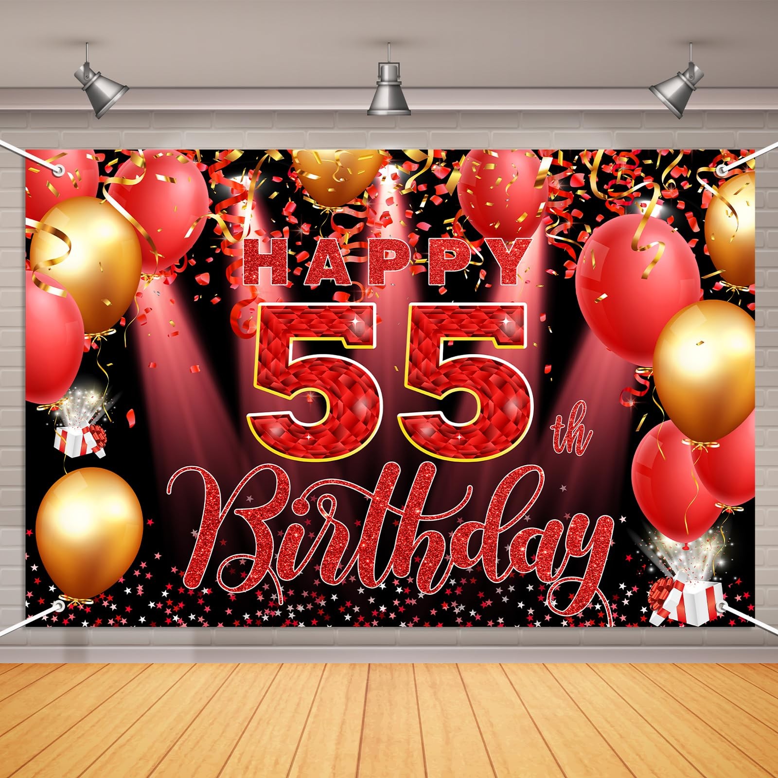 Red 55th Birthday Party Backdrop Banner 6x4ft with Rope, Polyester Fabric, Pe…