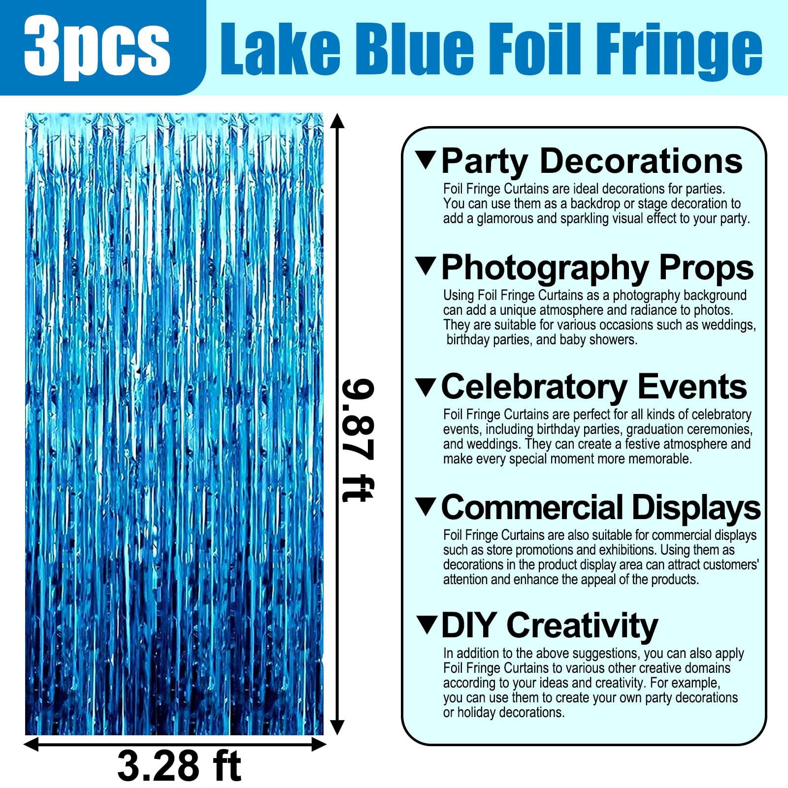 Lake Blue Foil Fringe Curtain Backdrop Metallic Tinsel 3.28×9.8FT 3 PCS Pack