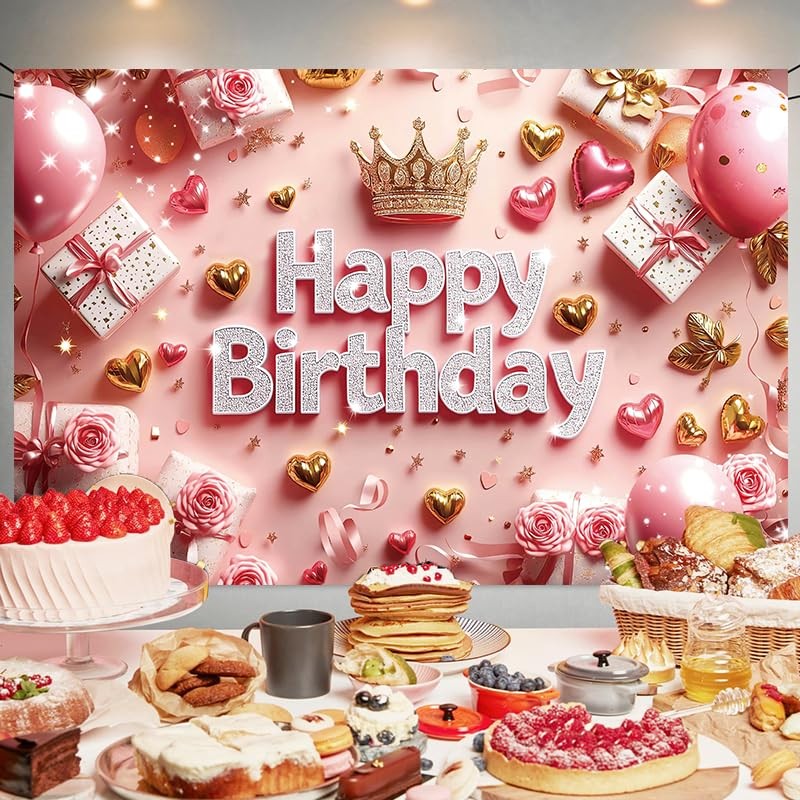 Pink Happy Birthday Backdrop Banner Gold 70.8 x 47.2 Inch,