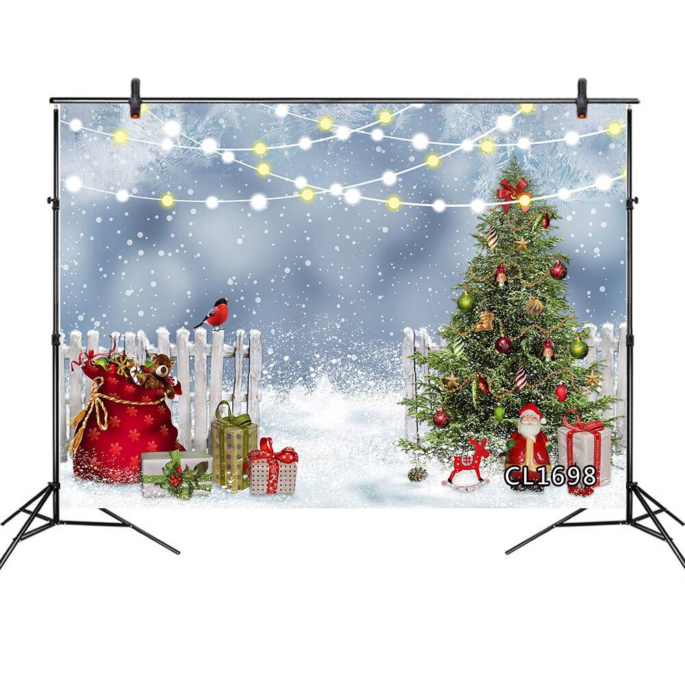 10x8ft Xmas Tree Rustic Wood Fence Winter Snow Photo Background Vinyl Backdrop