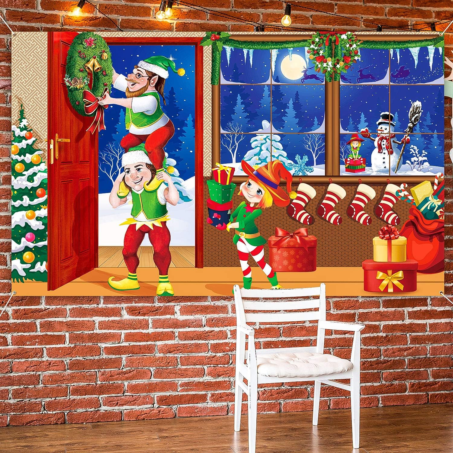 Merry Christmas Elves Backdrop 70.8×43.3 Winter Photo Wall Banner Decoration Joy