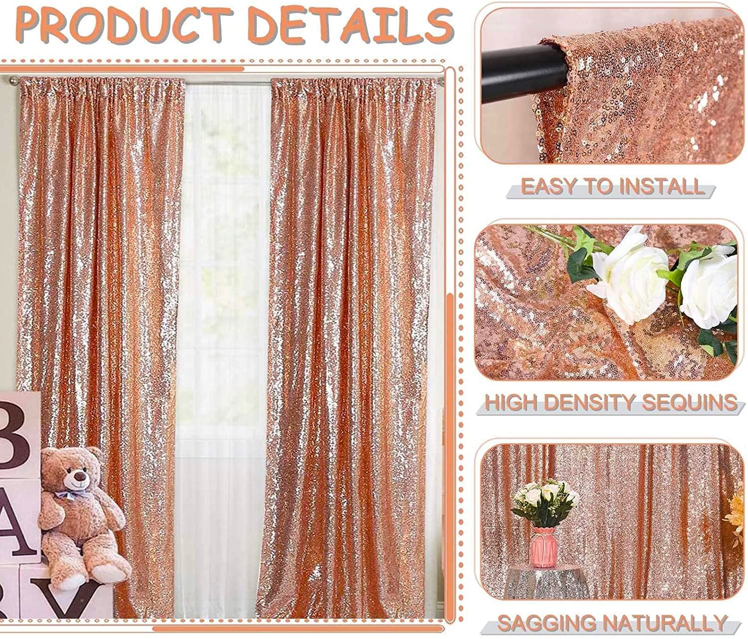 Rose Gold Sequin Backdrop Curtain Panel Drape Party Photo Background 8x8ft