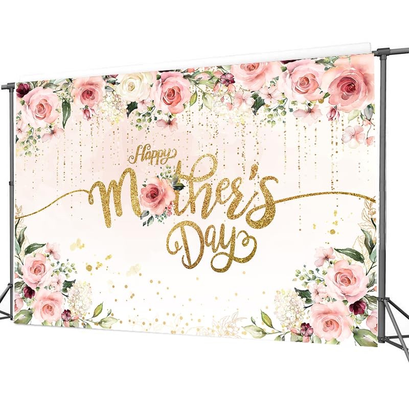 7x5ft Happy Mother’s Day Backdrop Pink Flowers Golden Mother’s Day Party Wall…