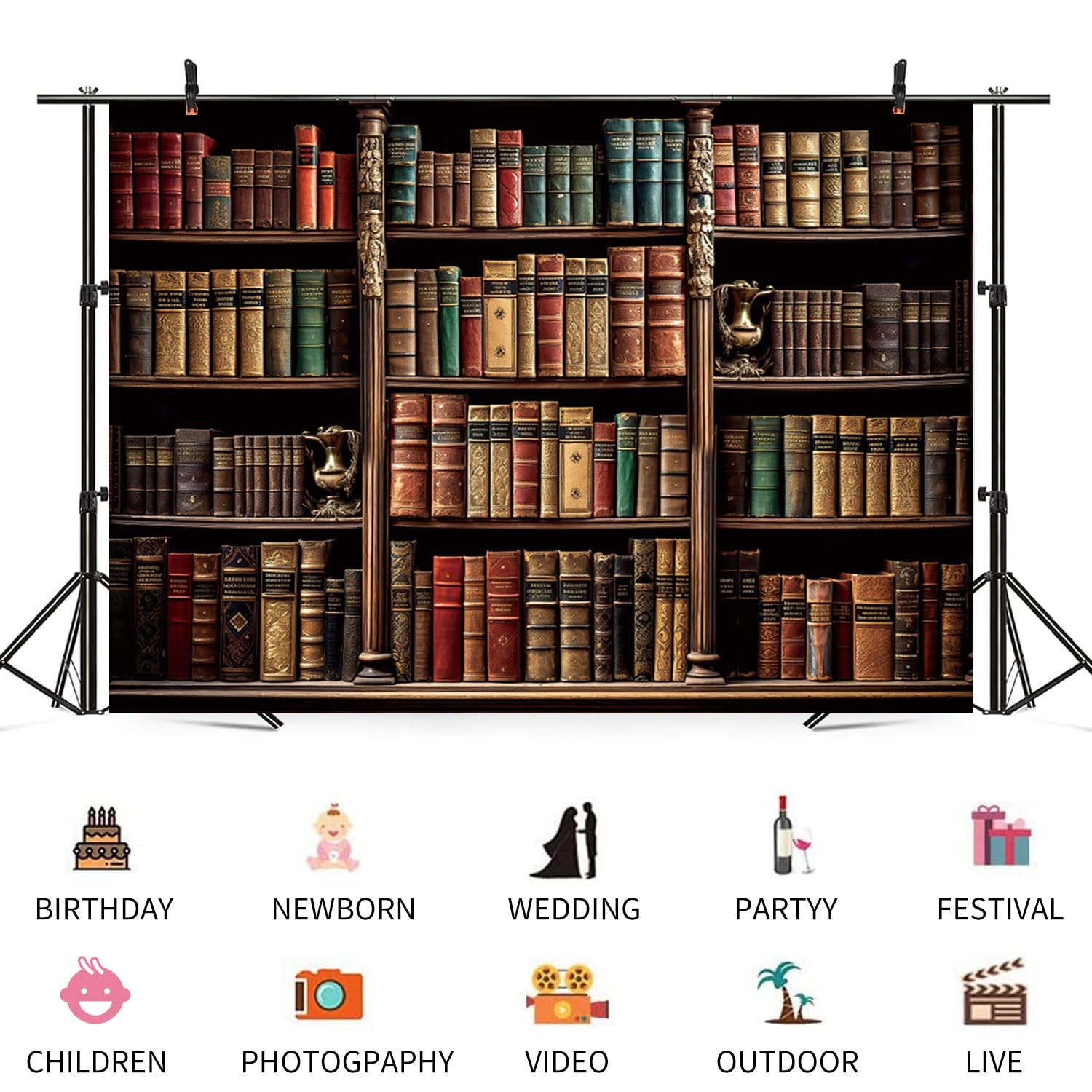 12x8ft Bookshelf Backdrop Vintage Bookcase Theme 12x8ft, color 1