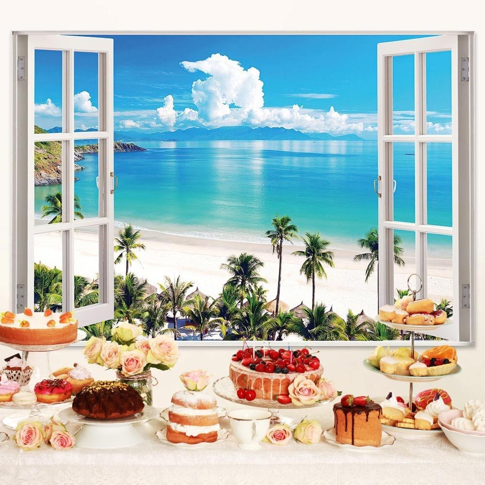 Summer Beach Window Backdrop, Hawaii Tropical Island Palm 5X3FT, Sky Blue