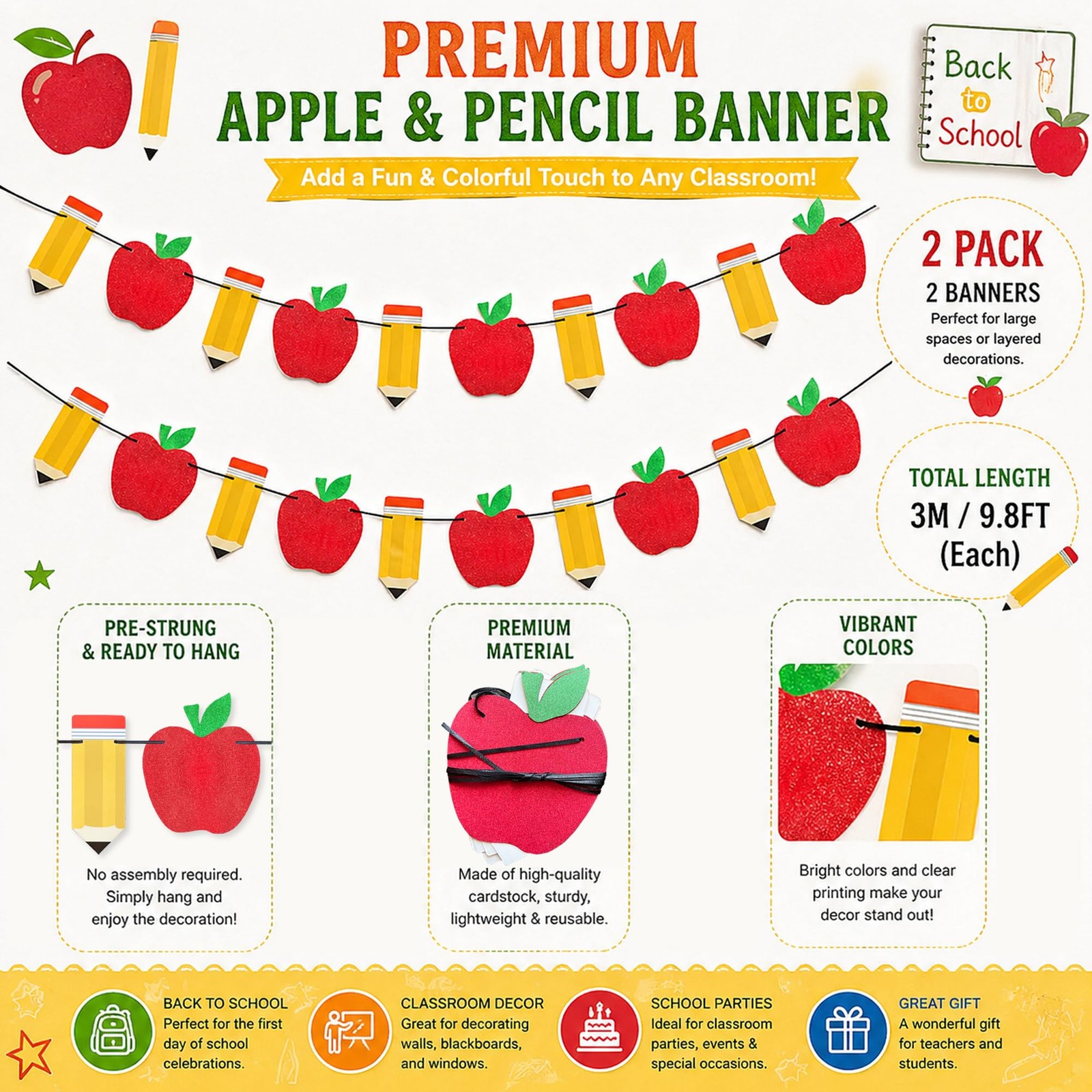 2 Pieces Pencil Apple Banner for Back to School Decorations, First Day of Sch…