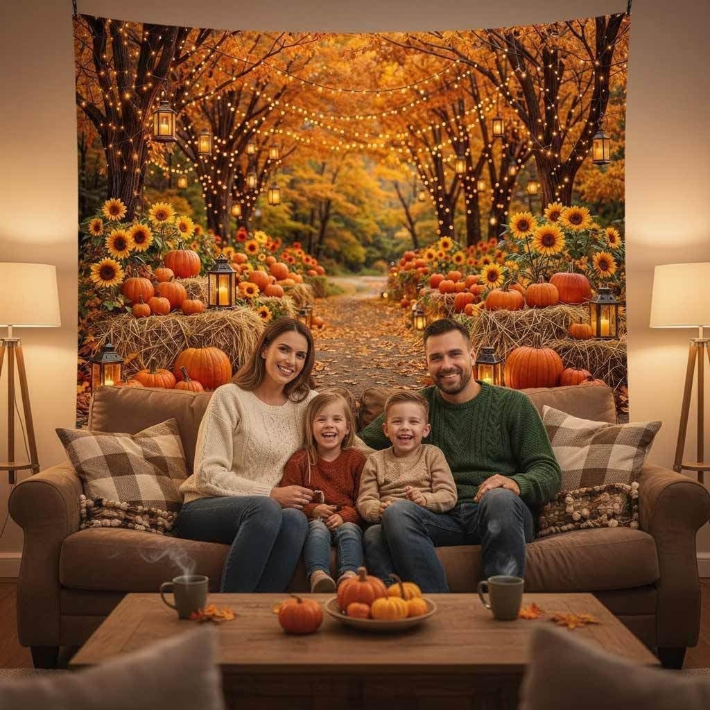 Autumn Forest Photo Backdrop 7×5 ft – Fall Harvest Pumpkins, Sunflowers & Leaves