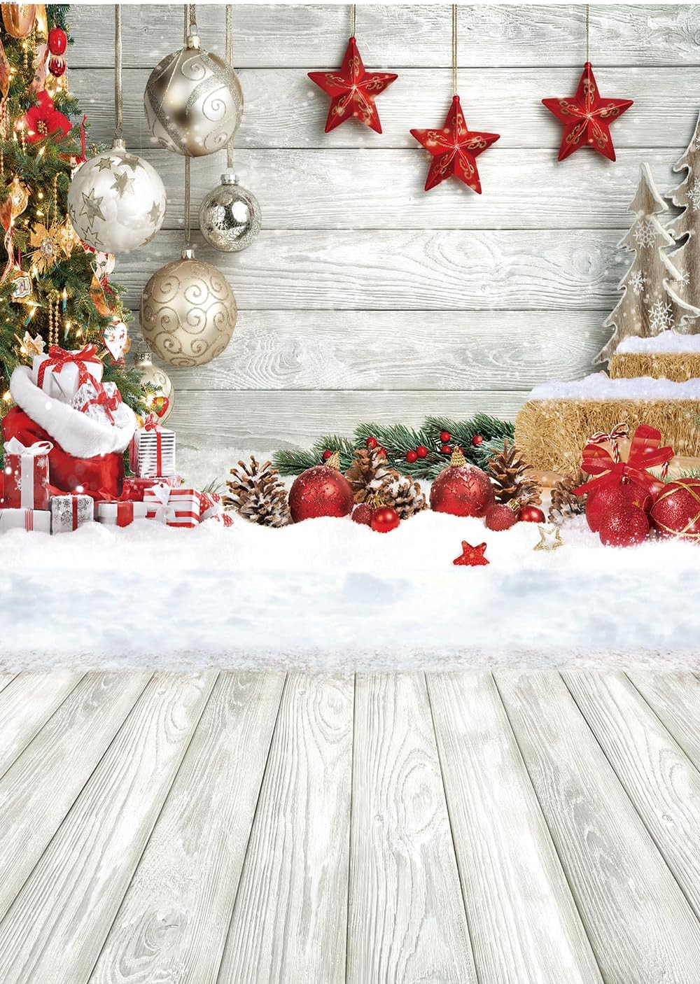 5X7FT Christmas Backdrop White Wood Floor Photography Backdrop Winter Snow Xmas