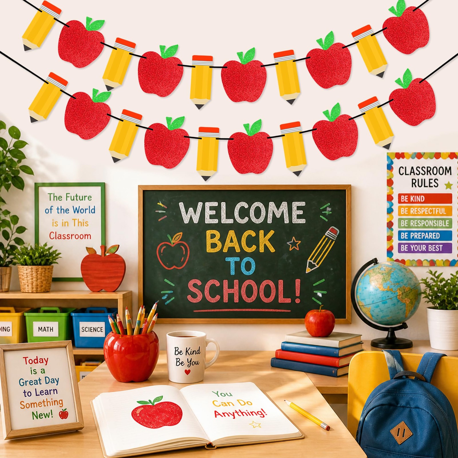 2 Pieces Pencil Apple Banner for Back to School Decorations, First Day of Sch…