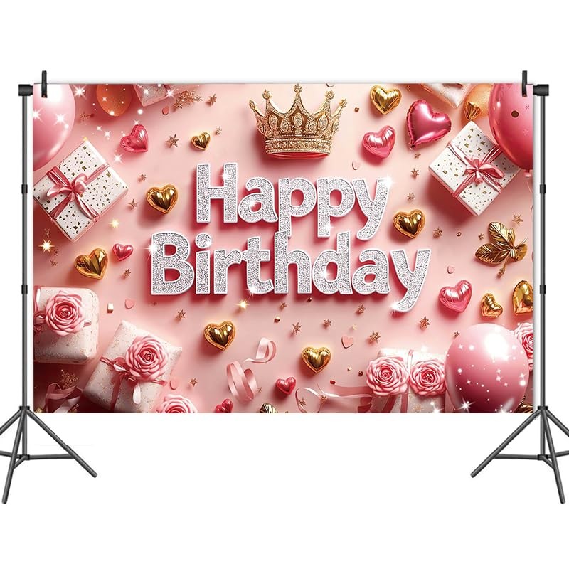Pink Happy Birthday Backdrop Banner Gold 70.8 x 47.2 Inch,