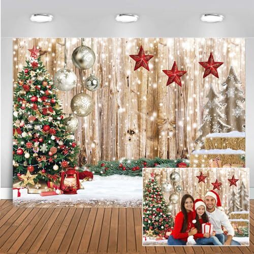 7X5FT Christmas Backdrop Wood Floor Backdrop Winter Snow Xmas Tree Gift 7′x5′