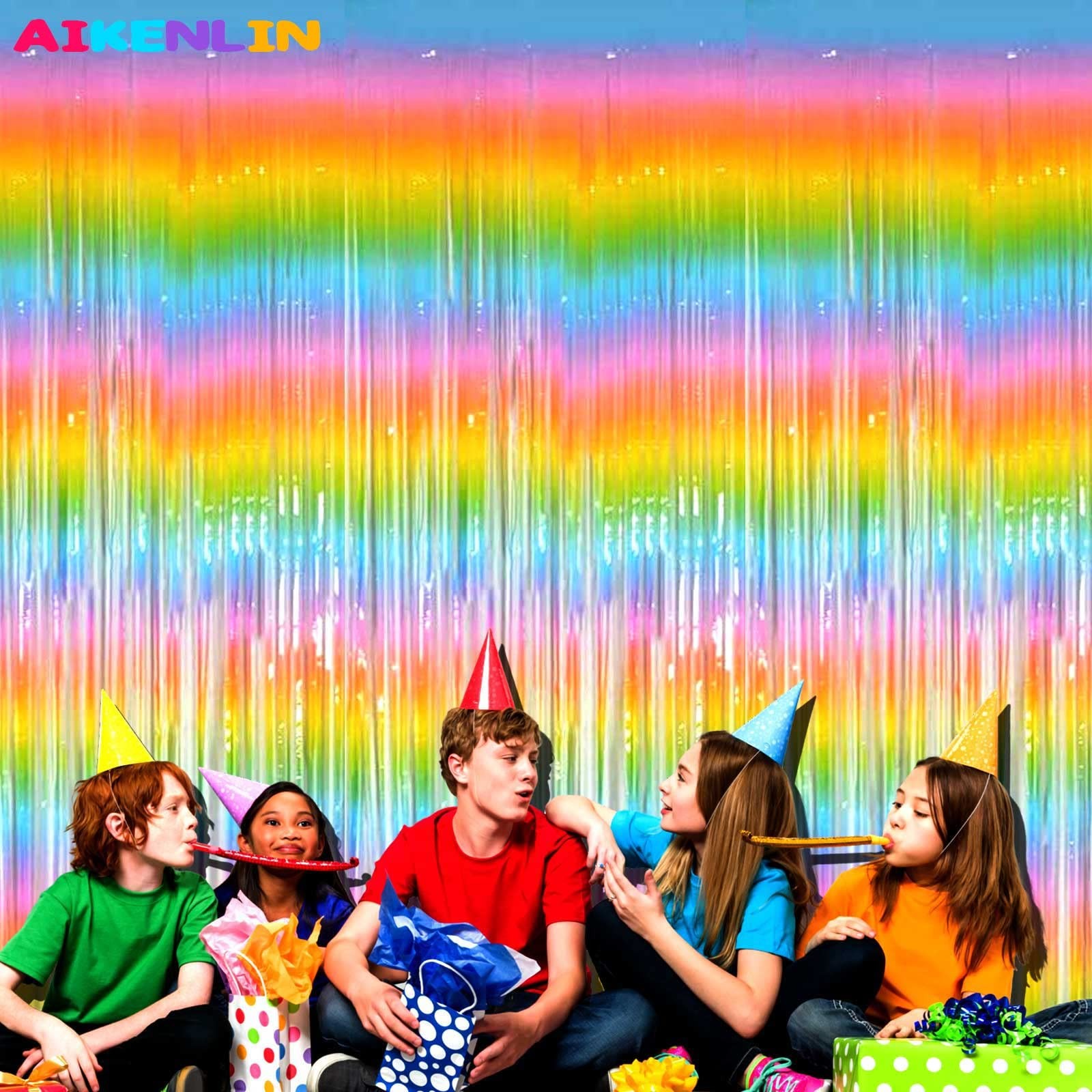 4 Pack 3.2×8.2Ft Rainbow Foil Fringe Curtain Backdrop for Birthday Party