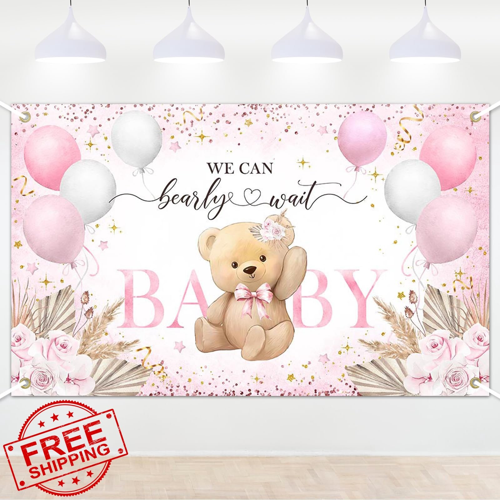 Lecheme Pink Bear Baby Shower Backdrop 6×3.6 ft