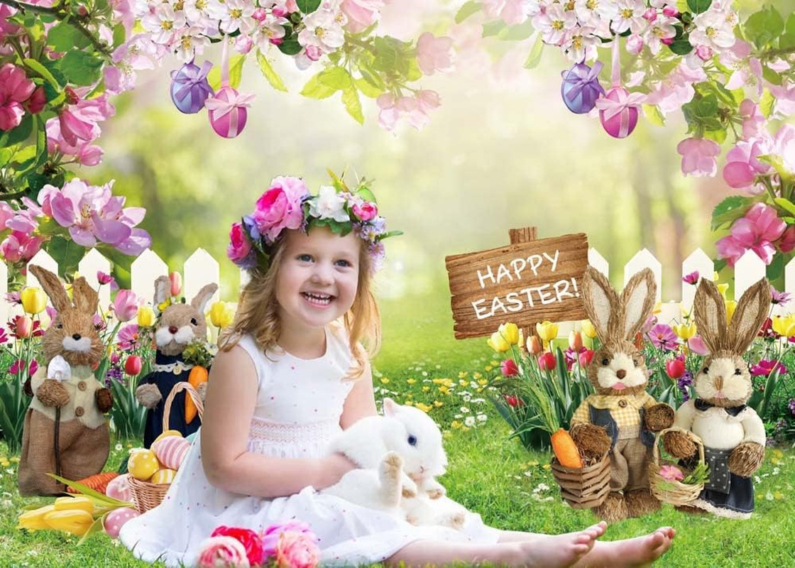 Spring Easter Photography Backdrop 7X5Ft Easter Rabbit Garden Colorful Eggs