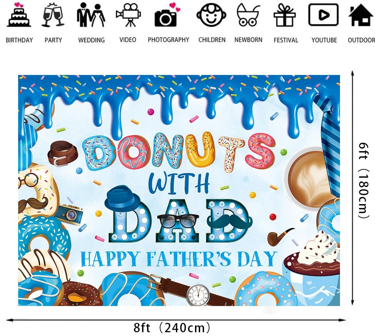 Happy Father’s Day Banner Backdrop 8x6FT Best Dad Ever Donuts 8x6FT, Blue