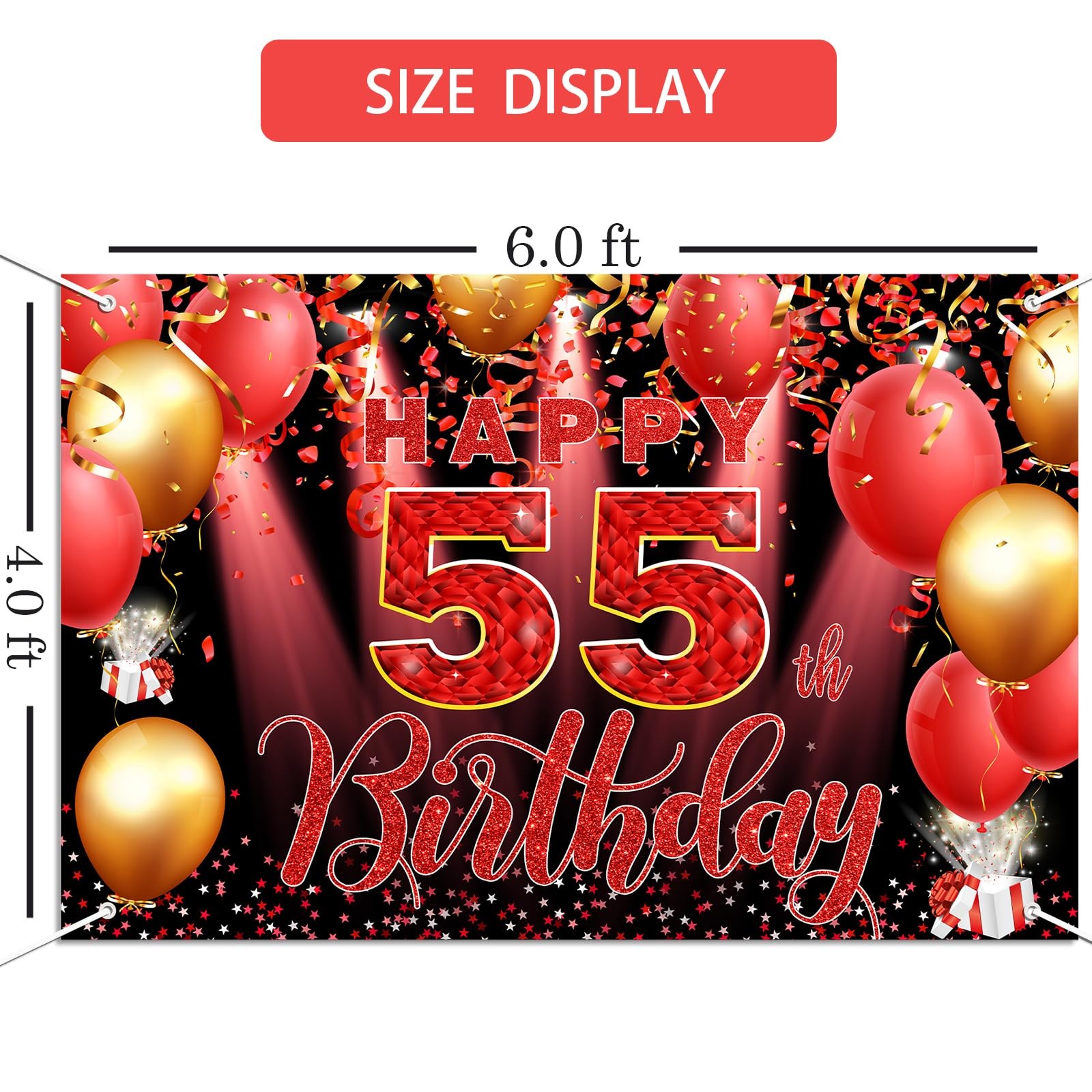 Red 55th Birthday Party Backdrop Banner 6x4ft with Rope, Polyester Fabric, Pe…