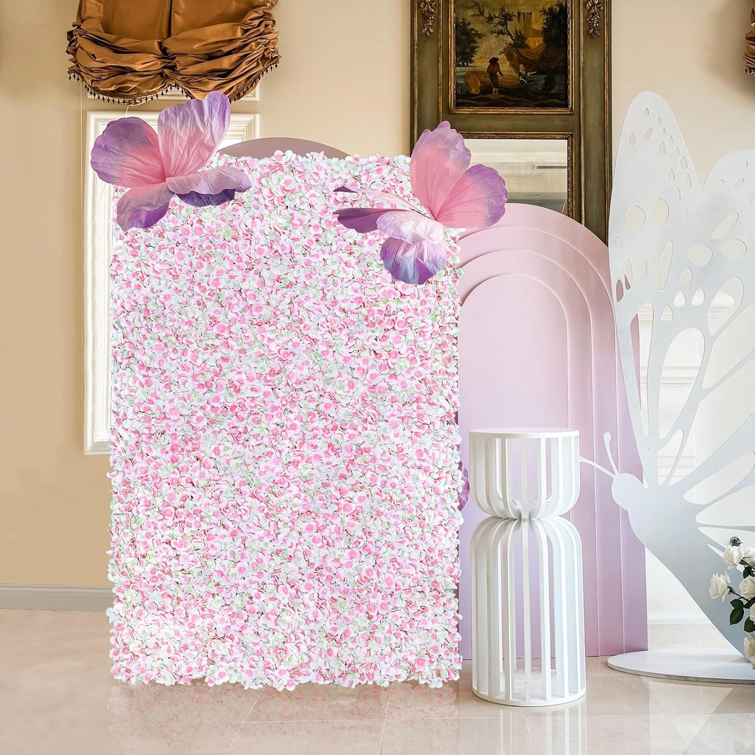 LJIE-House Artificial Flower Wall Backdrop Panels Silk Hydrangea 7ftx4.6ft PINK