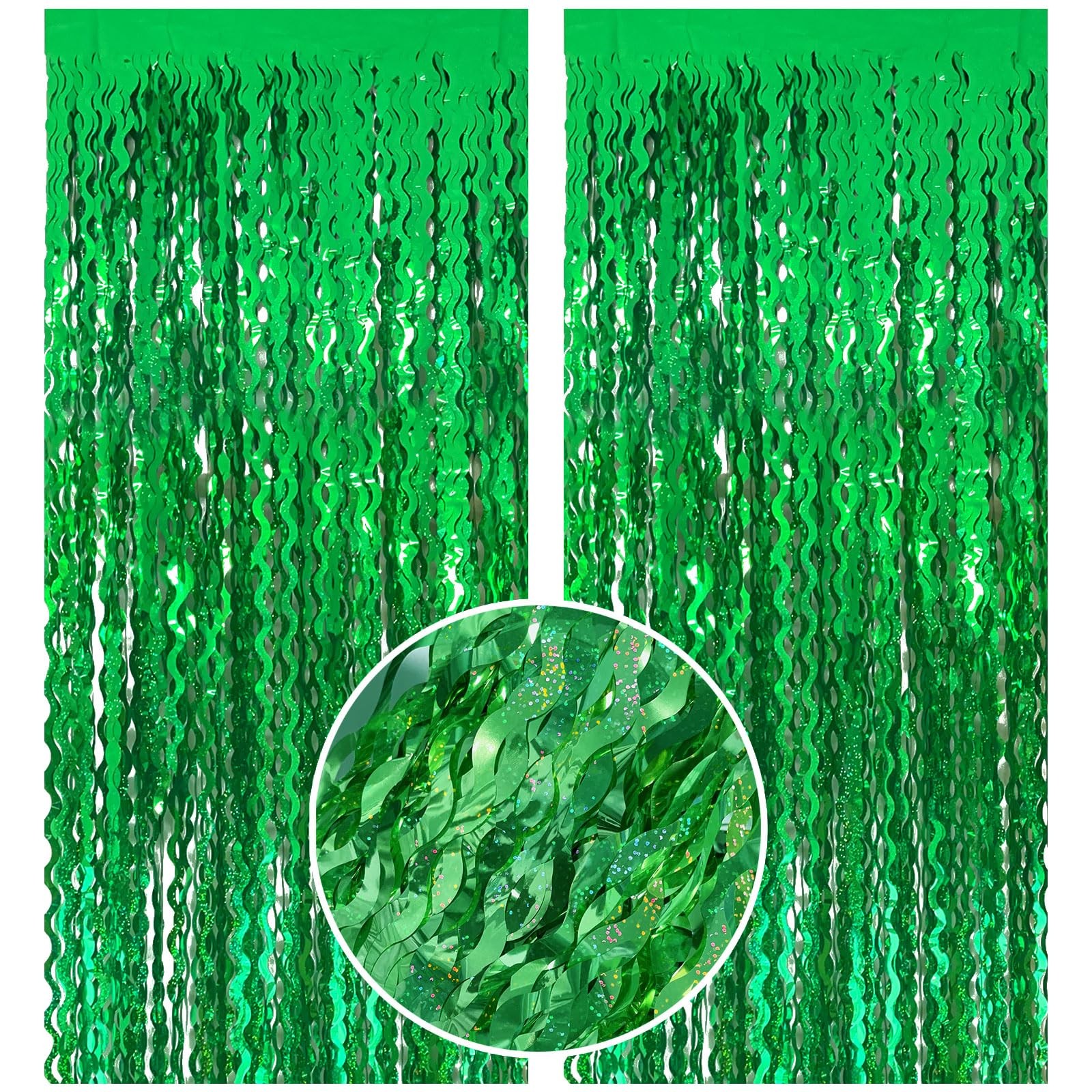 Green Tinsel Foil Fringe Curtains Wavy Backdrop for Party 2 Pack,